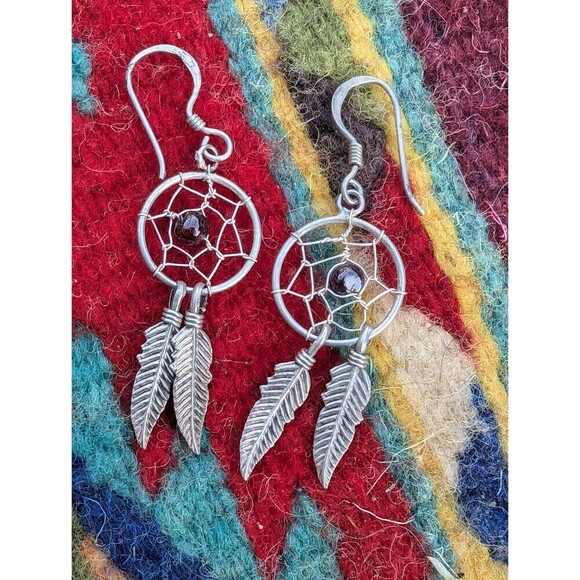 Vintage Sterling Dreamcatcher Earrings, Southwestern Jewelry - Picture 1 of 8